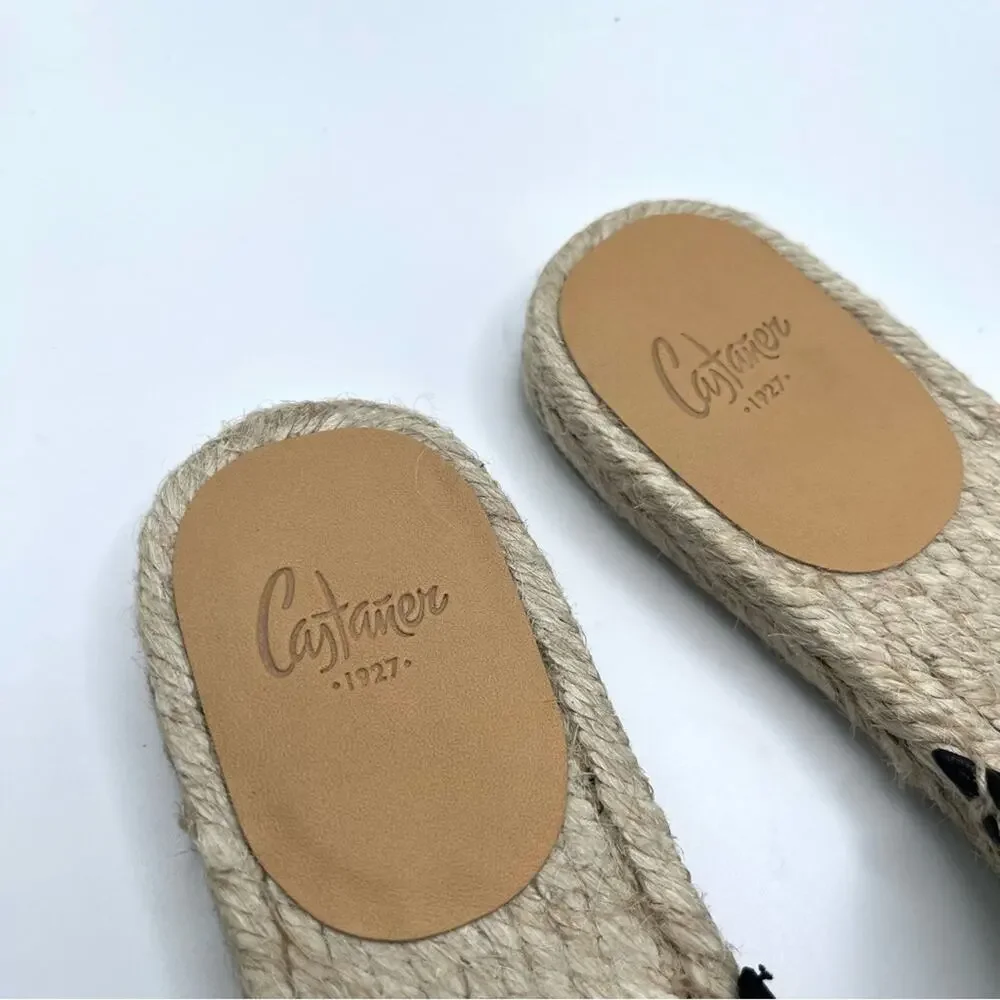 Castañer Pasi Black Leather Espadrille Slides Flat Sandals Size 5 Summer Chic